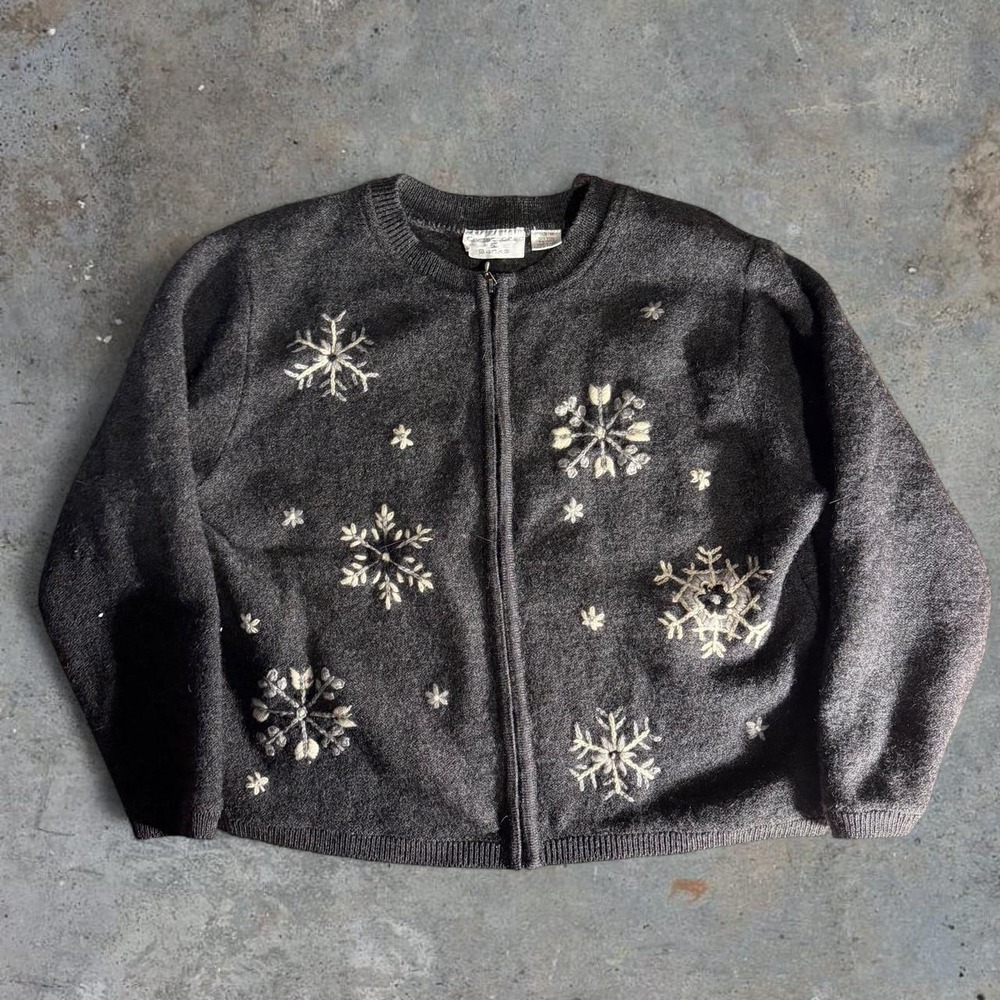 Christopher & Banks Wool Snowflake Embroidered Cardigan Sweater Womens M Gray